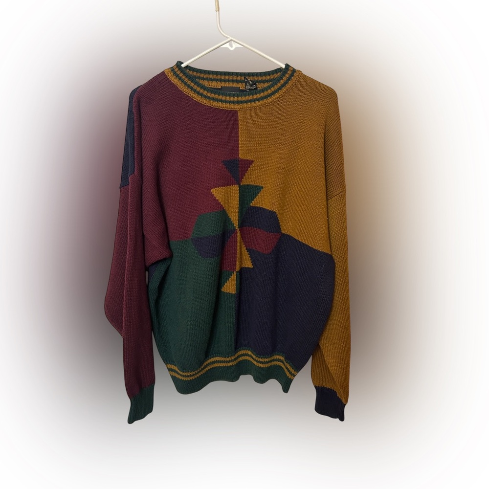 VTG 90s Structure Geometric Colorblock Sweater Large Ramie Cotton Grandpa Core - Picture 7 of 8